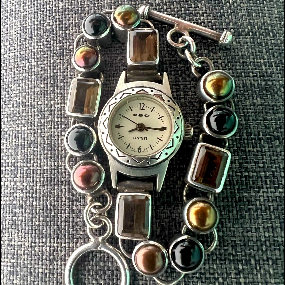 Vintage Peyote Bird Smoky Quartz Navajo Pearl Black Onyx & Silver Watch Bracelet - Picture 3 of 17